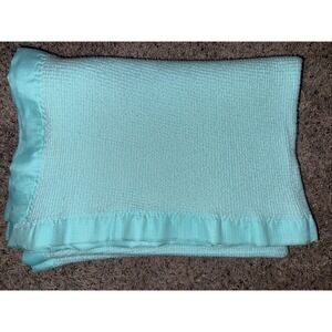 Vtg Baby Morgan Aqua Thermal Acrylic Waffle Weave Baby Blanket 48x32 USA Made